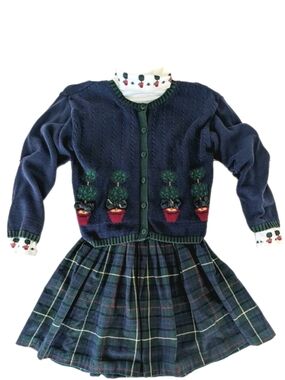 Vintage Hartstrings Girls 3 Pc Outfit Topiary Cardigan Skirt Set Size 10 USA